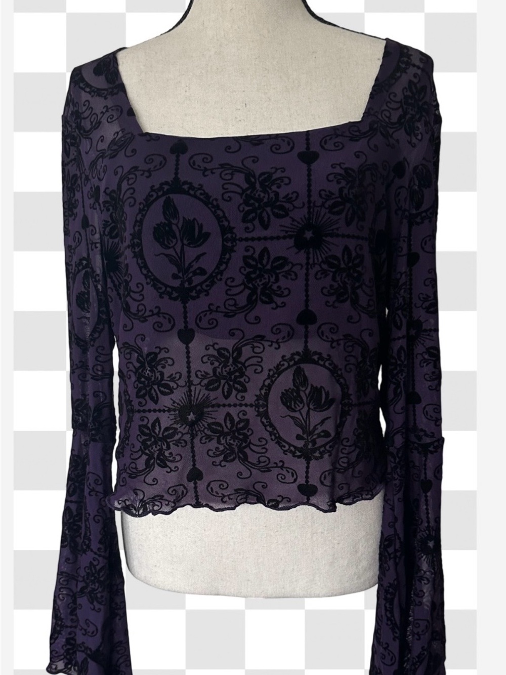 Whimsigoth Bell Sleeve Burn out Purple Black Top Witchy Goth Grunge Crop Top XL